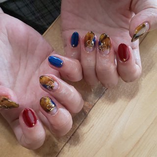 べっ甲 ネイビー ボルドーのネイルデザイン ネイルブック