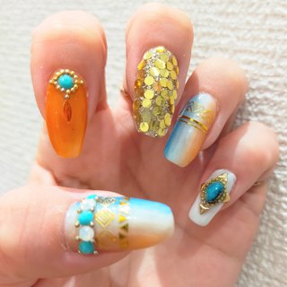 エスニック オレンジ セルフネイルのネイルデザイン ネイルブック