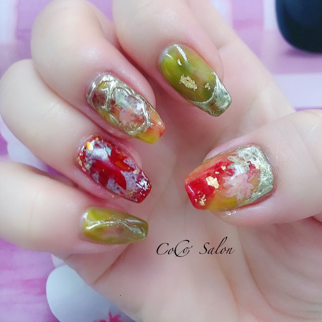 一点限り❣️Nail Wrapsレッドゴールド装飾 10枚入りネイルシール爪