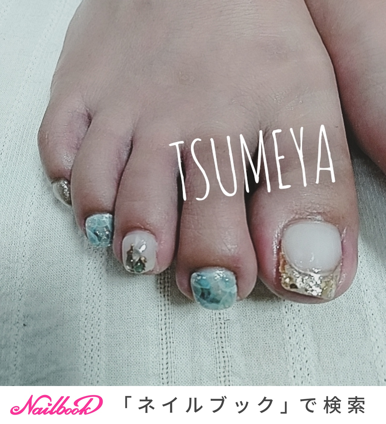 ホワイト ターコイズ ペディキュアのネイルデザイン ネイルブック