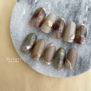 くすみグレージュべっ甲ニュアンスネイル ミラーフレンチ韓国