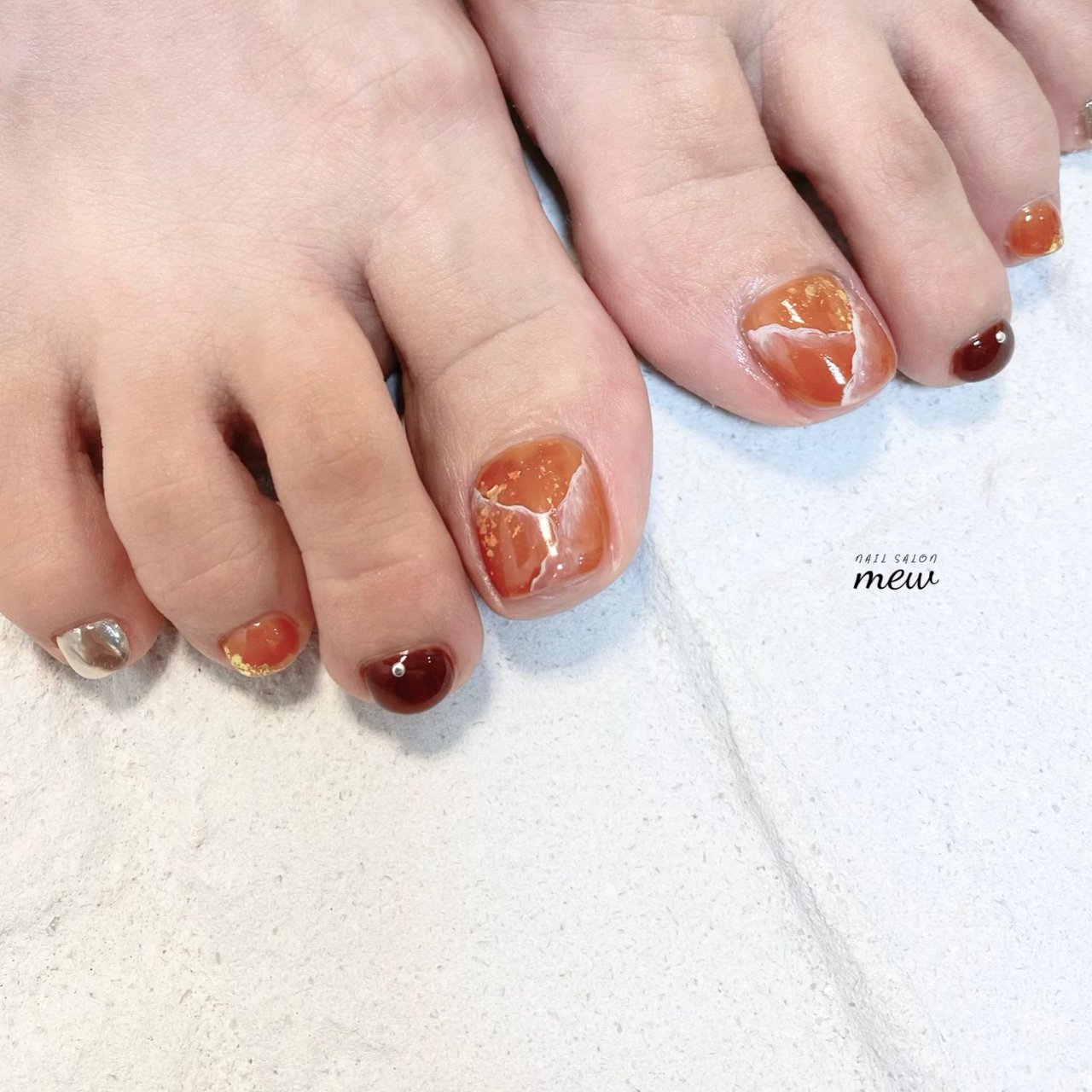 フット オレンジ ブラウン シルバー ジェルネイル Nail Salon Mewのネイルデザイン No ネイルブック