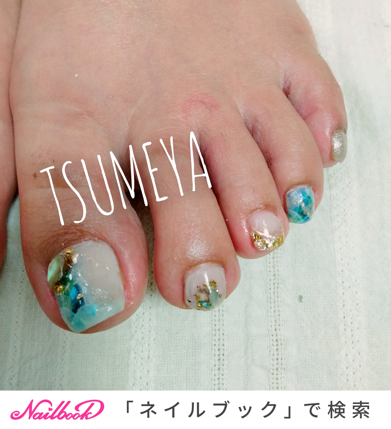 ホワイト ターコイズ ペディキュアのネイルデザイン ネイルブック