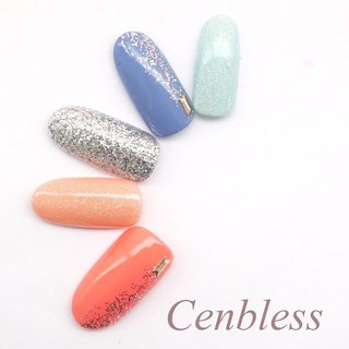 オレンジ 水色のネイルデザイン ネイルブック