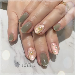 フラワー グリーン 水色のネイルデザイン ネイルブック