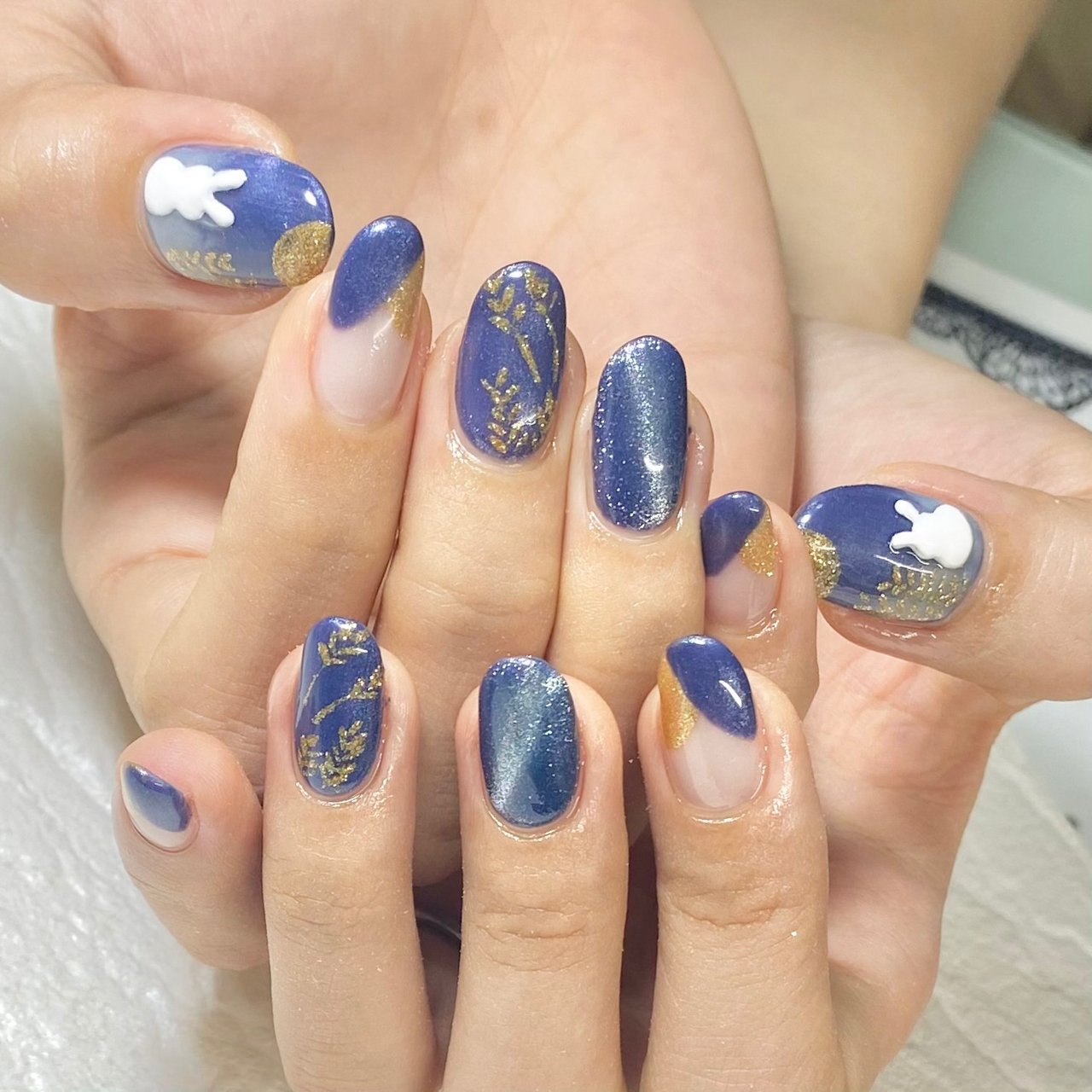 秋 ハンド 変形フレンチ ネイビー ジェルネイル Nail Salon Lamer ラメール のネイルデザイン No ネイルブック