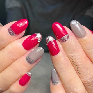 シンプル レッド グレーのネイルデザイン ネイルブック