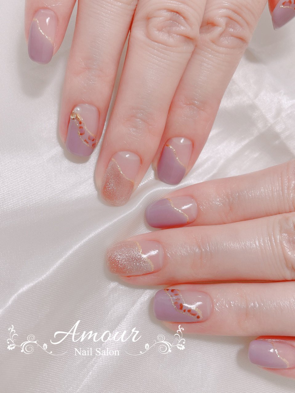 ハンド フレンチ 変形フレンチ レオパード ショート Nailsalon Amourのネイルデザイン No ネイルブック