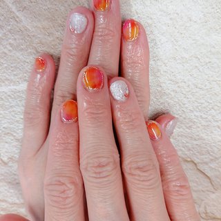 マーブル ピンク イエローのネイルデザイン ネイルブック