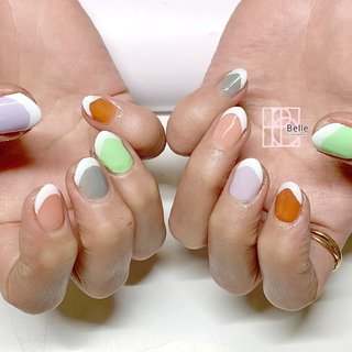 フレンチ オレンジ 水色のネイルデザイン ネイルブック