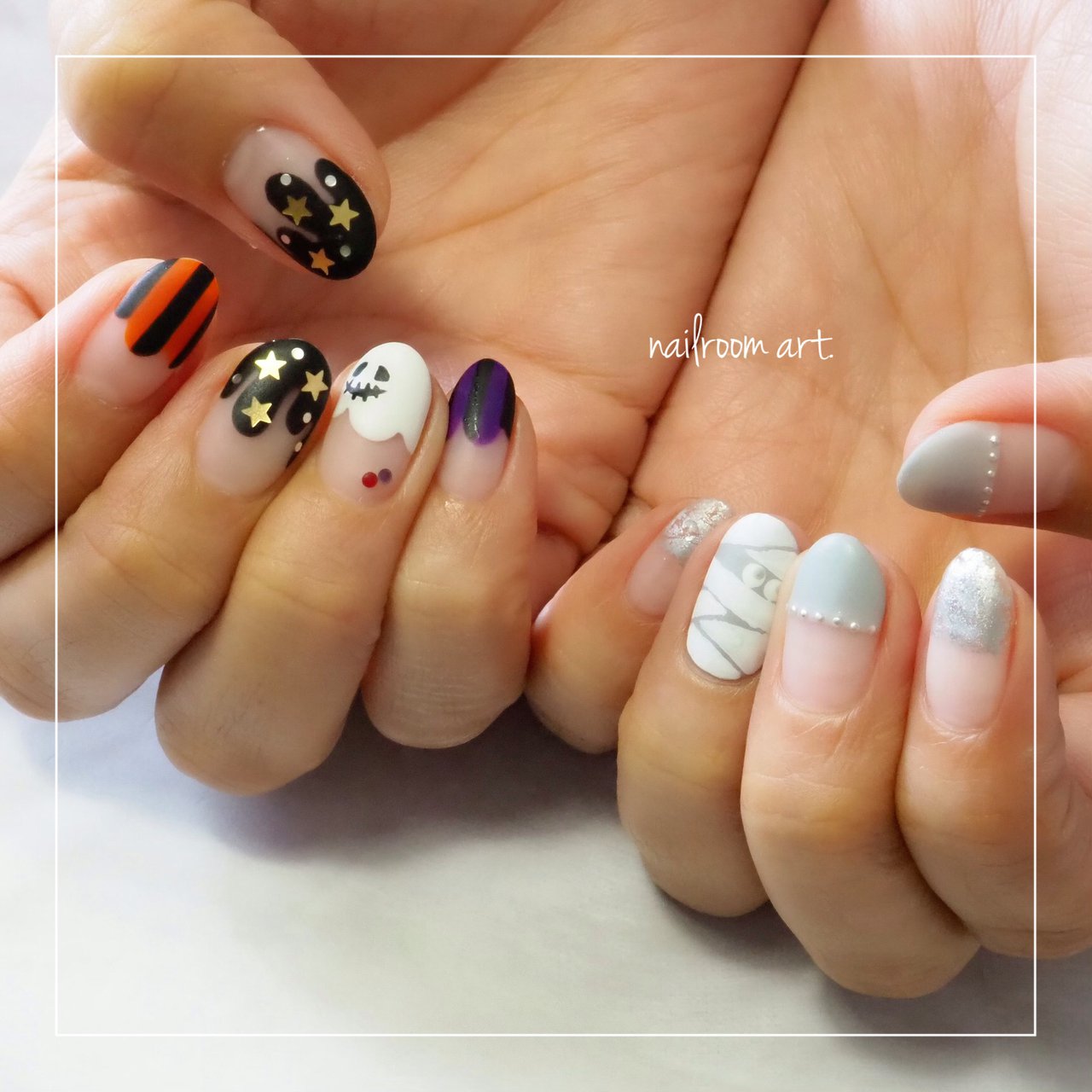 ハロウィン ハンド ホワイト オレンジ ブラック Nail Room Art のネイルデザイン No ネイルブック