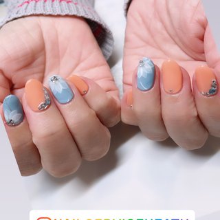 オレンジ 水色のネイルデザイン ネイルブック