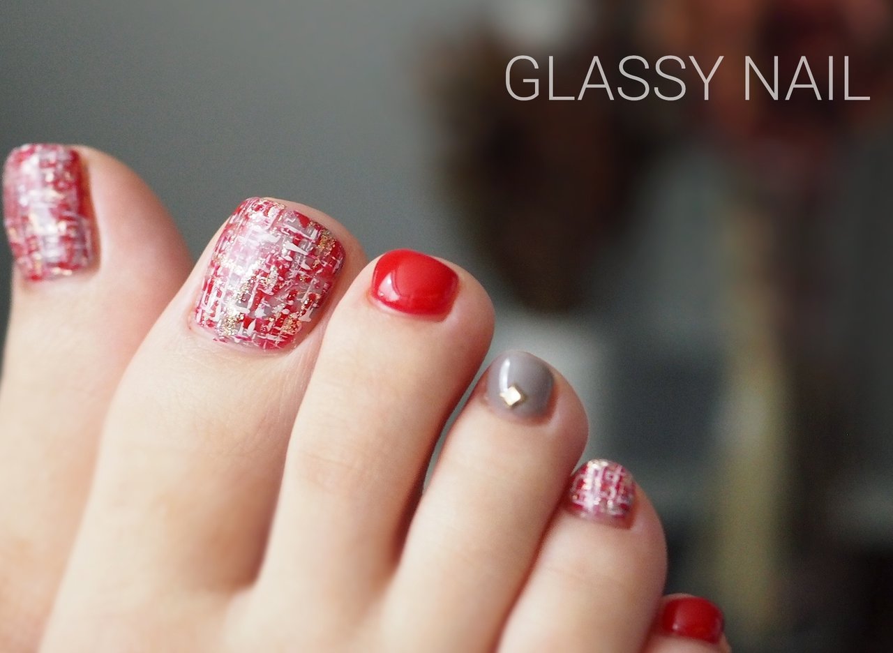 秋 冬 クリスマス フット ツイード Glassy Nailのネイルデザイン No ネイルブック