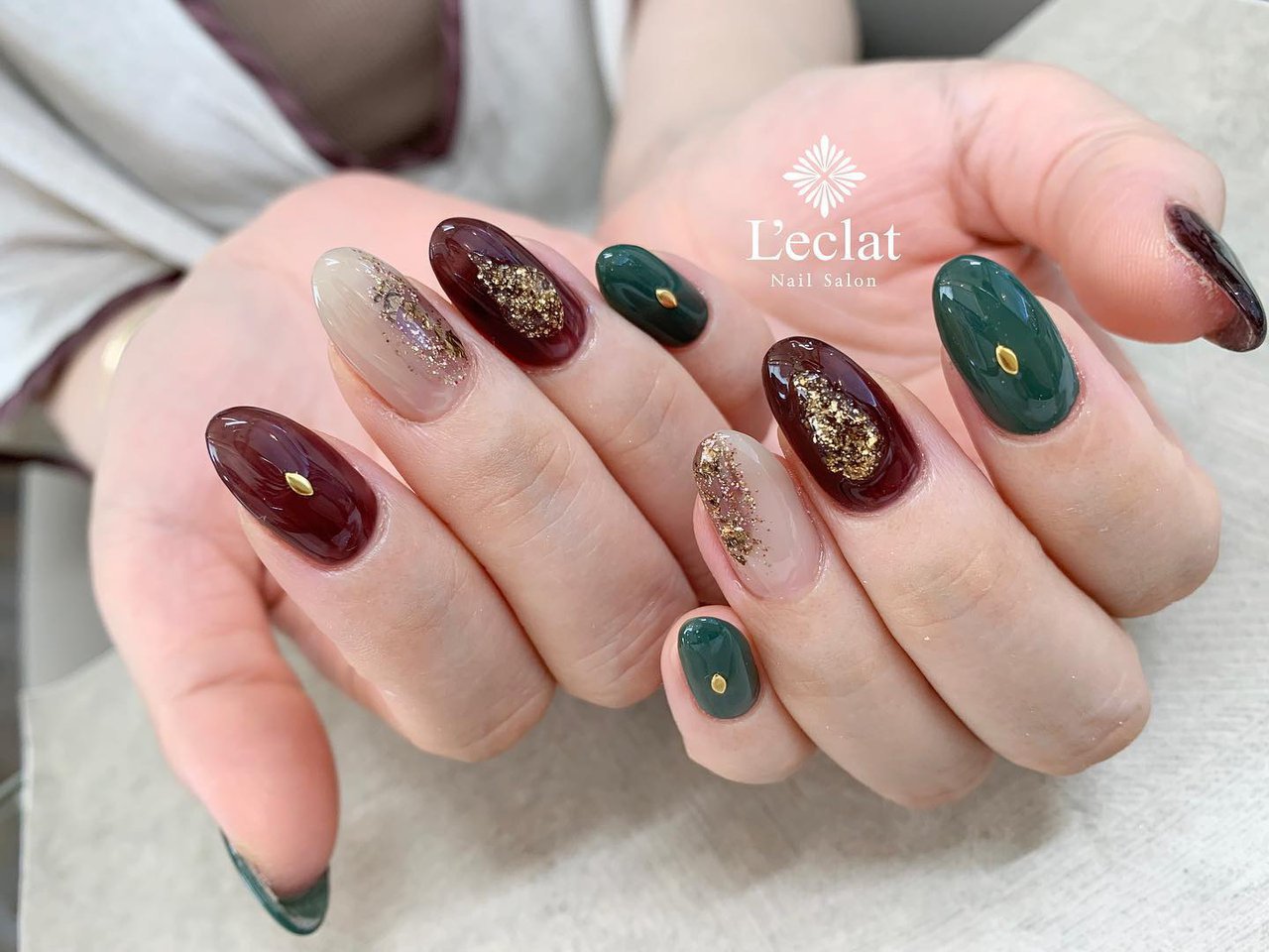 秋 冬 ハンド グリーン ブラウン Nailsalon Leclatのネイルデザイン No ネイルブック