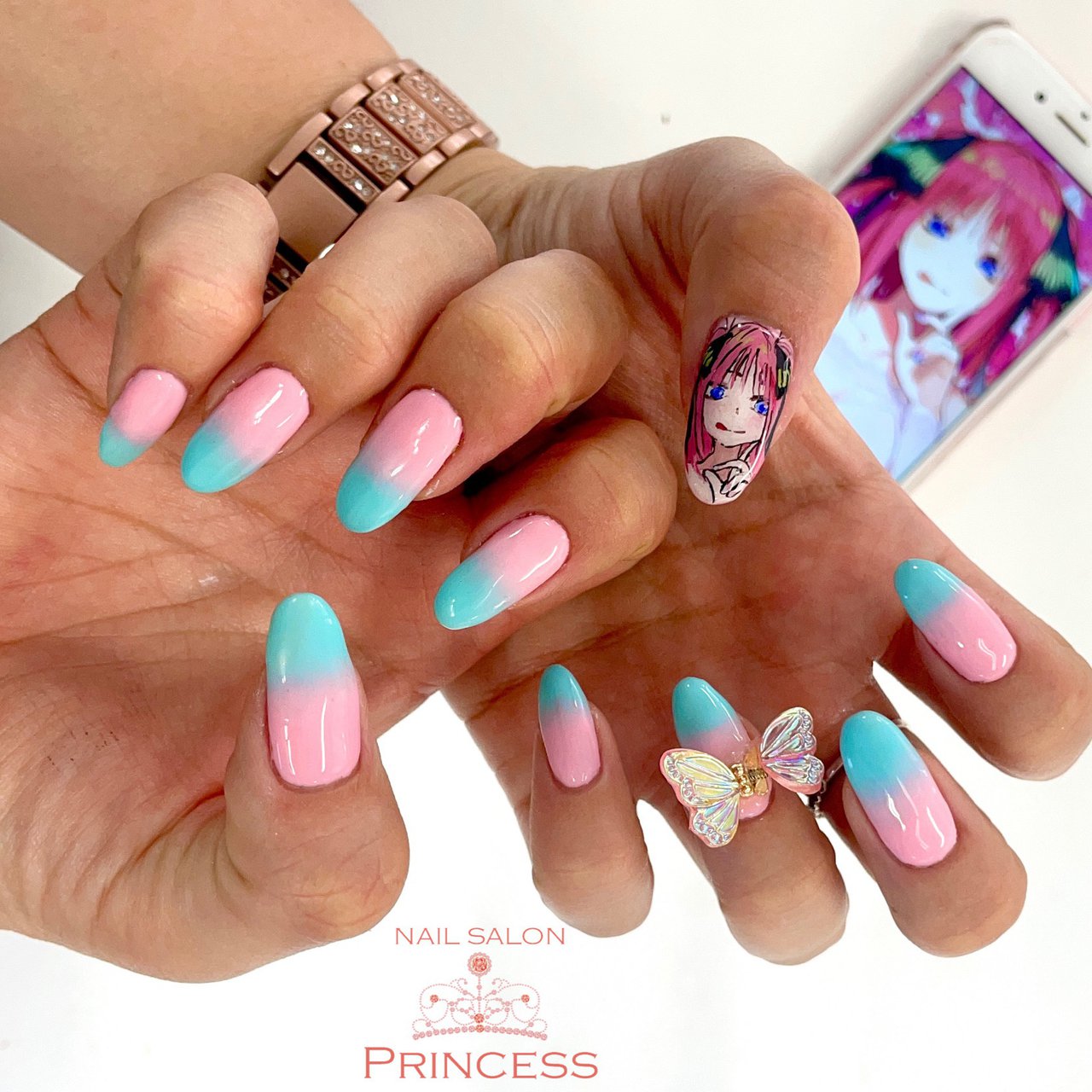 グラデーション 痛ネイル キャラクター ピンク 水色 Nailsalon Princessのネイルデザイン No ネイルブック