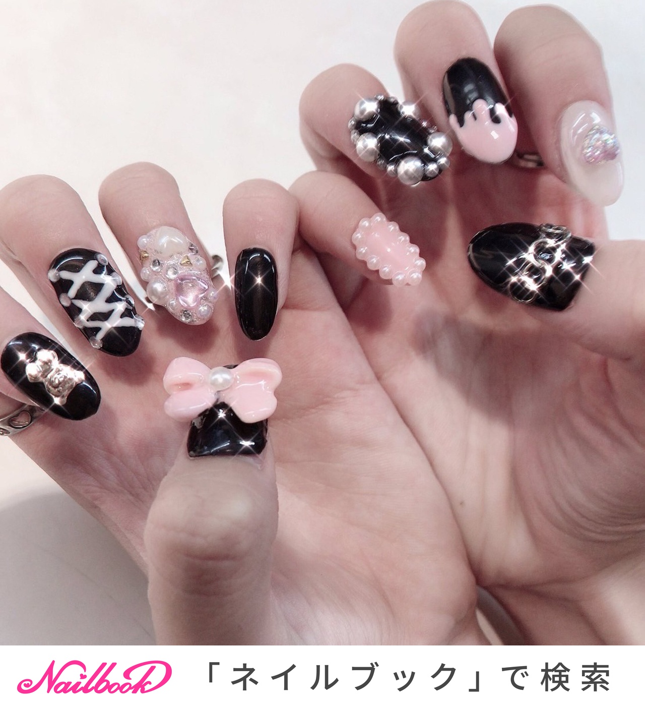 おっぽNail【No.4】量産型地雷姫系　ネイルチップ　ハートリボンチェック