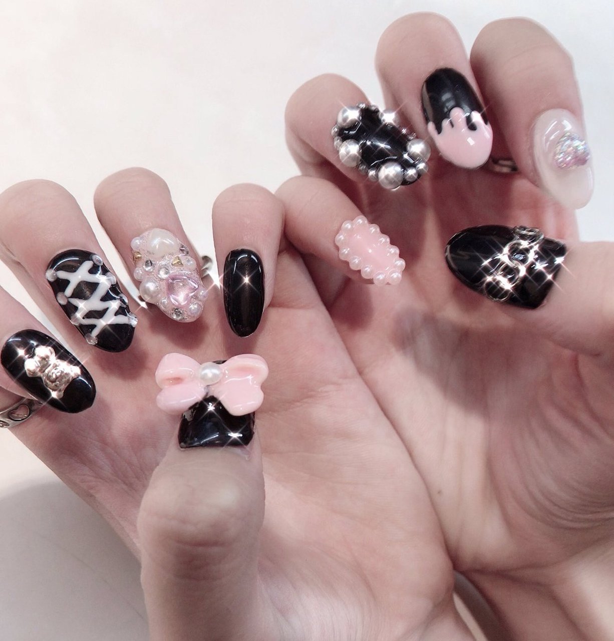 【No.3】量産型地雷姫系　ネイルチップ　ピンク×千鳥格子おっぽNail