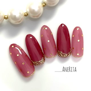 ネイルチップオーダー ワインレッド赤ピンクホワイトパール春ゴールド