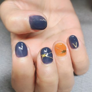 オレンジ ネイビーのネイルデザイン ネイルブック