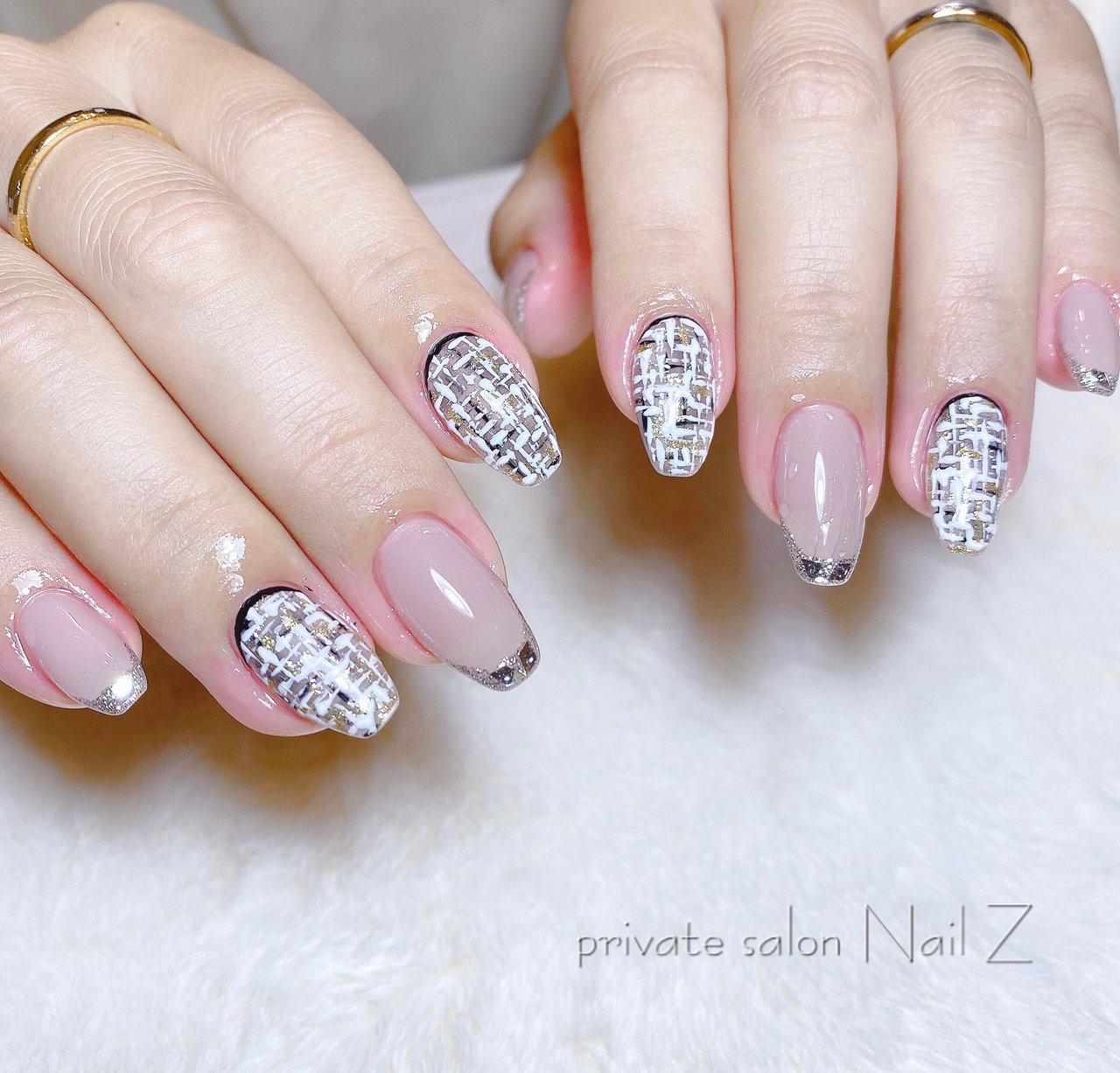 ネイルハンド ハンド/フレンチ/ツイード/ロング/ピンク - Nail Z (ネイルジー