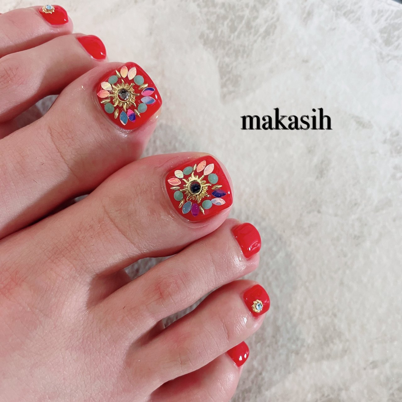 夏 秋 冬 フット レッド Makasihのネイルデザイン No ネイルブック