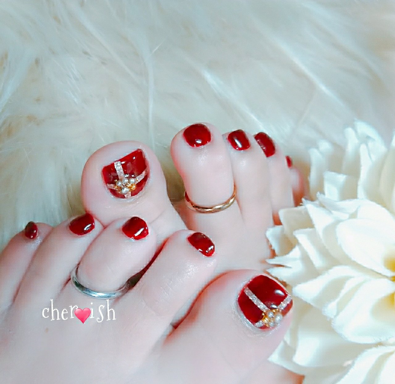 フット ワンカラー パール デコ リボン Private Nail Salon Cher Ishのネイルデザイン No ネイル ブック