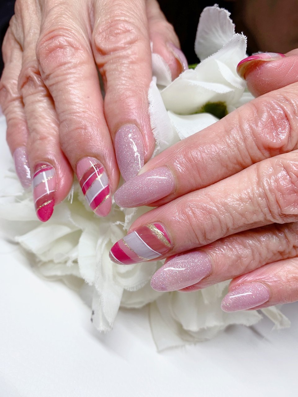 ハンド ワンカラー ボーダー ミディアム ピンク あめちゃんのネイルデザイン No ネイルブック