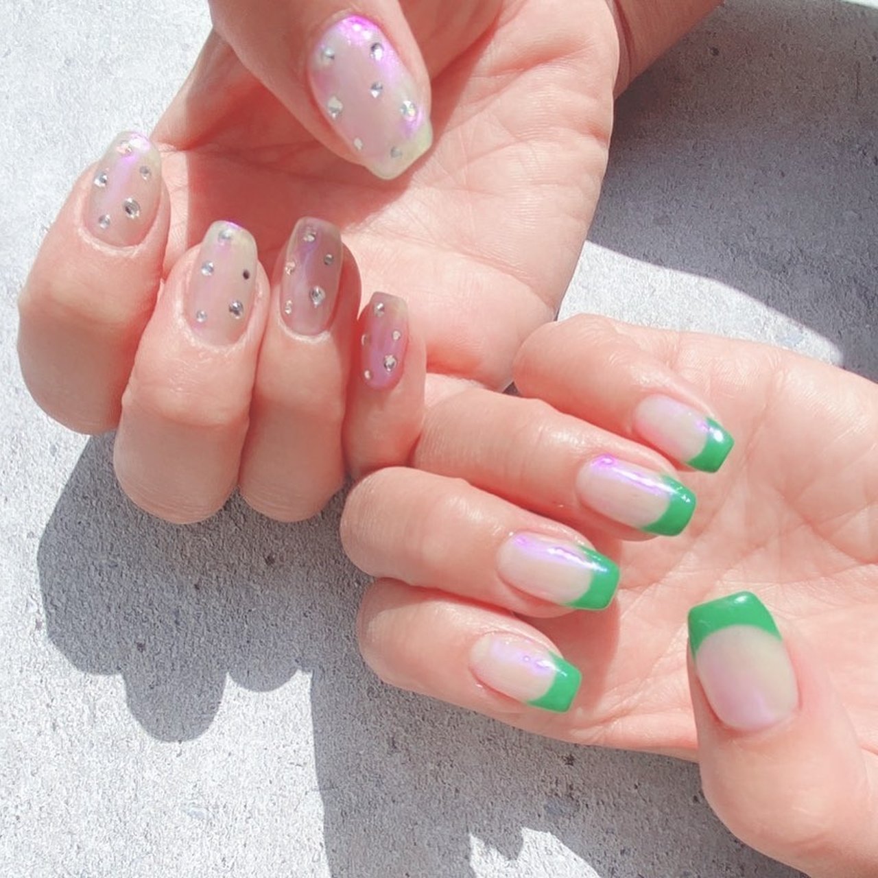 オールシーズン ハンド フレンチ ミディアム グリーン Lian Nail Careのネイルデザイン No ネイルブック