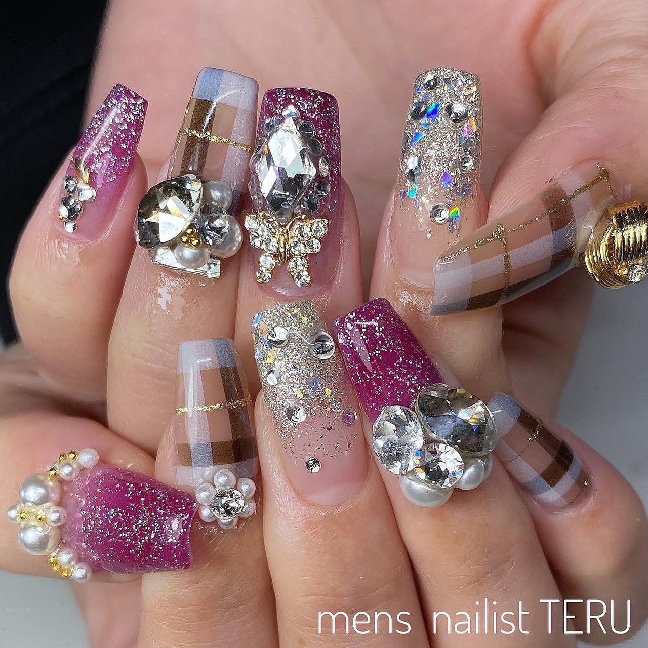 秋 冬 ビジュー チェック 大阪北堀江nail Salon Eternalメンズネイリストteruのネイルデザイン No ネイル ブック