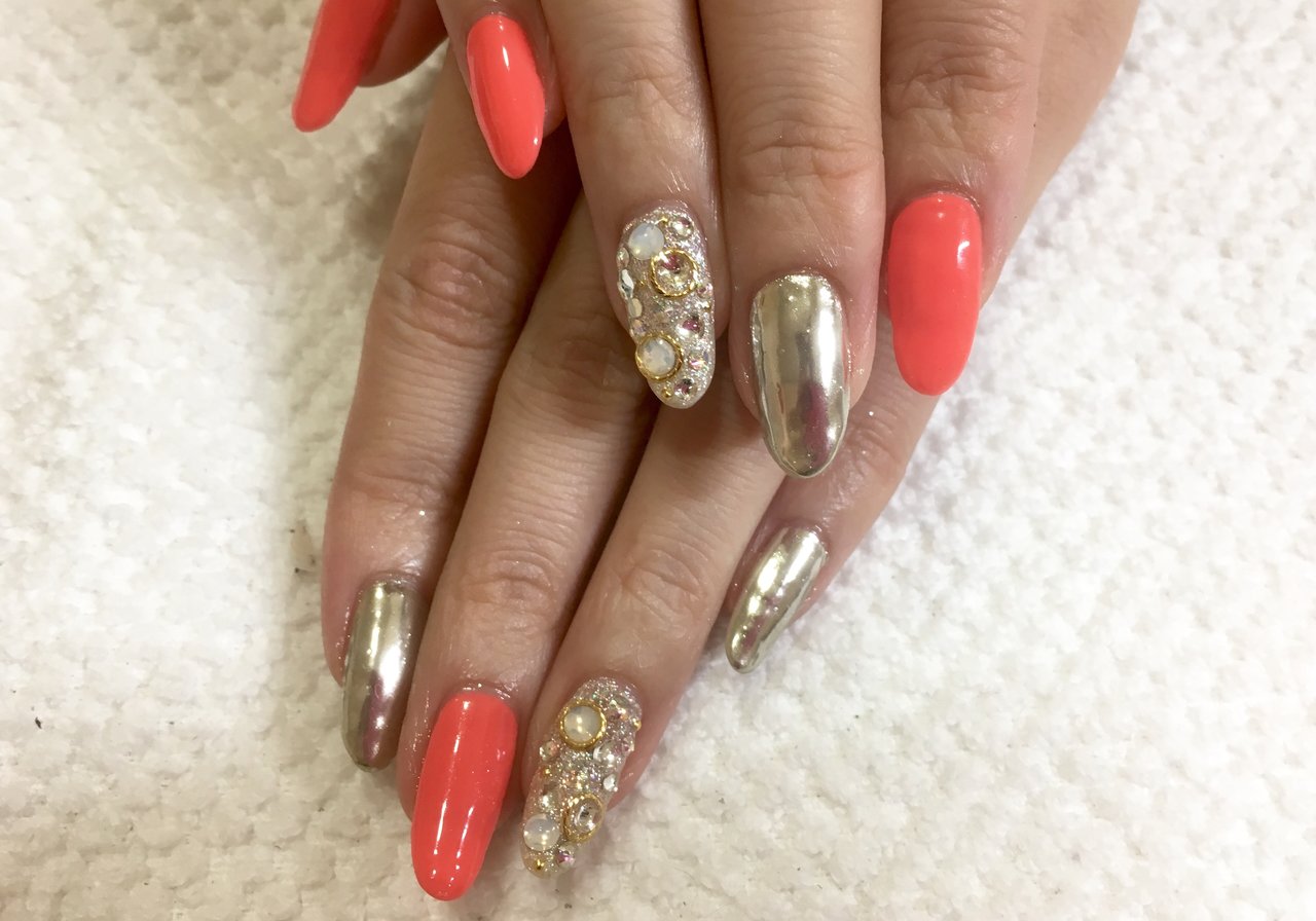 オールシーズン ハンド ミラー オレンジ ジェルネイル Ruiのネイルデザイン No ネイルブック