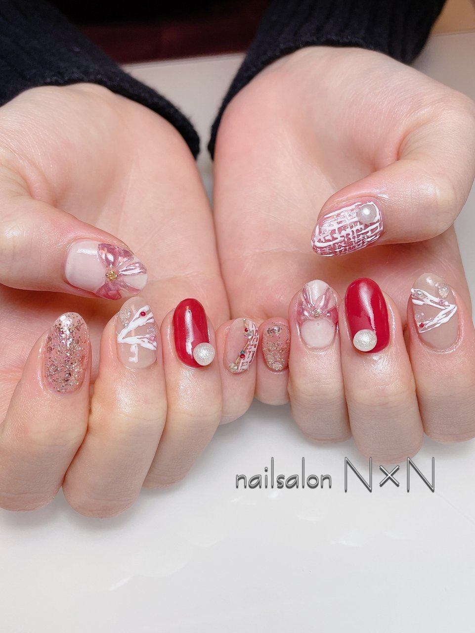 冬 クリスマス ハンド パール ツイード Nail Salon N N Naoのネイルデザイン No ネイルブック