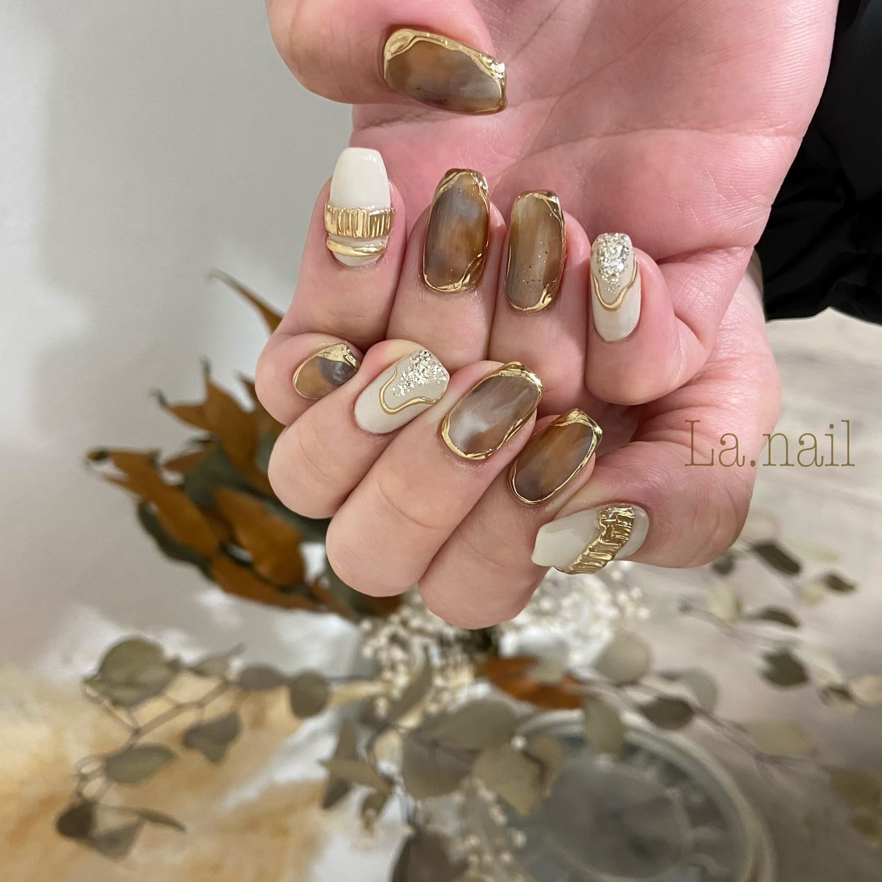 ネイルデザイン ハンド/シンプル/ツイード/ホワイト/オレンジ - heathpoolnailのネイル