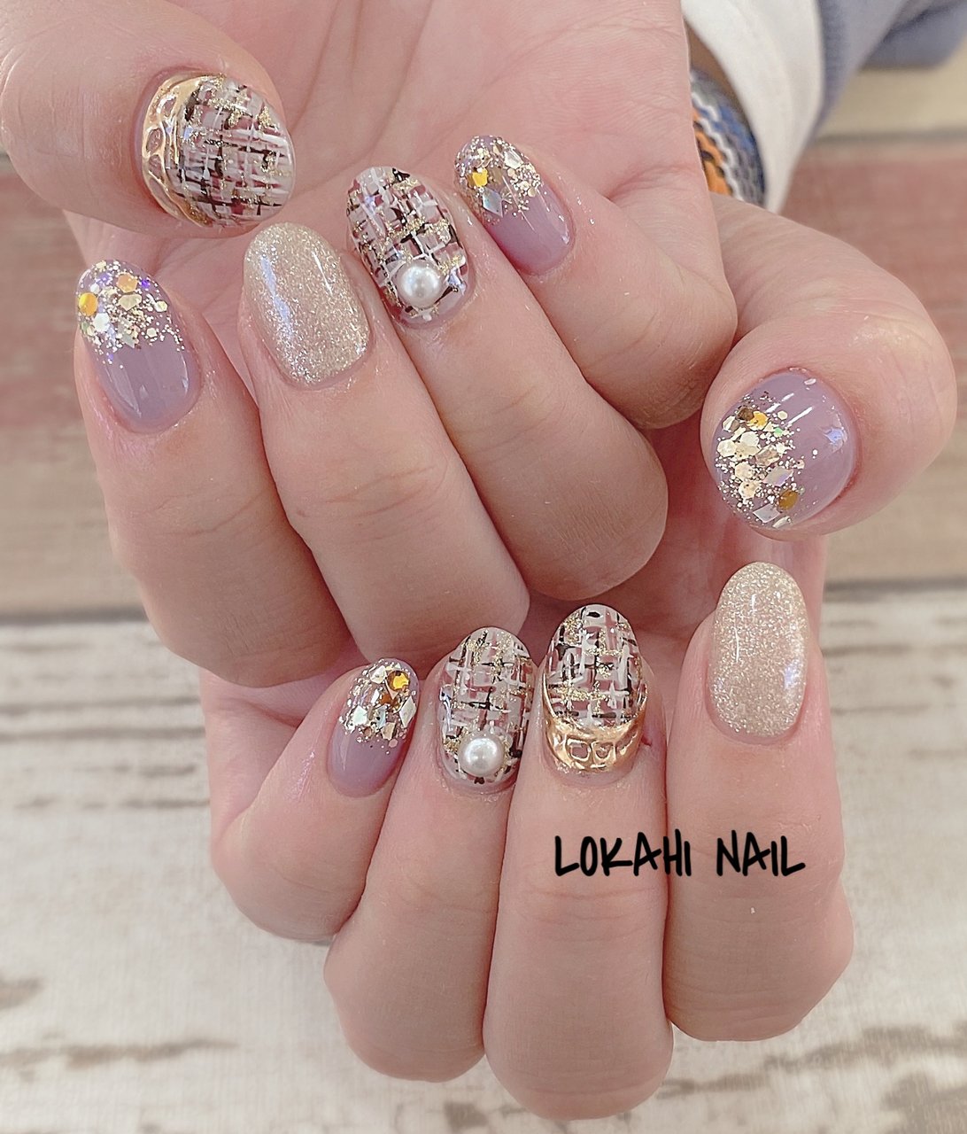 秋 冬 ハンド ツイード ミディアム Lokahi Nail ロカヒネイルのネイルデザイン No ネイルブック