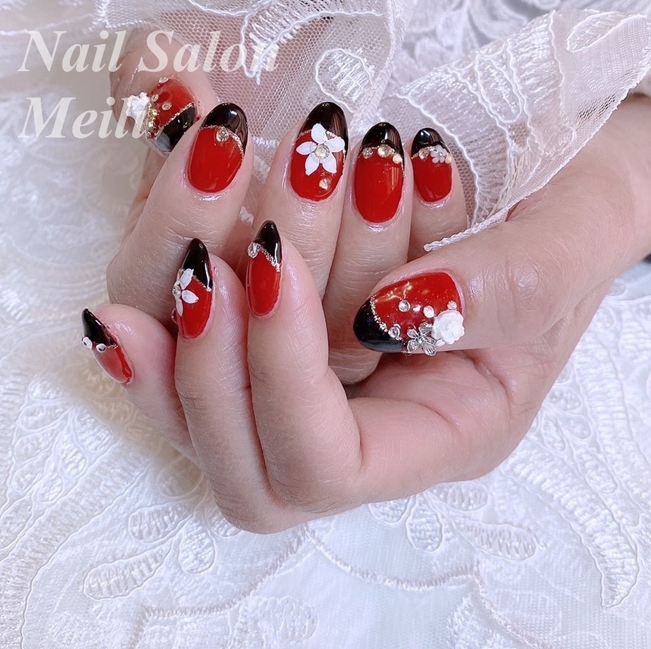 オールシーズン ハンド ミディアム レッド ブラック Nail Salon Meili 埼玉 日進のネイルデザイン No ネイルブック