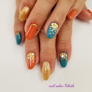 オレンジ ターコイズのネイルデザイン ネイルブック