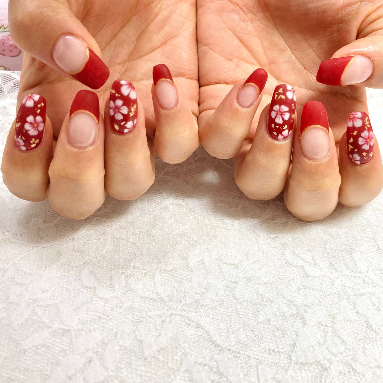 ハンド フレンチ フラワー 和 レッド Moco Nailのネイルデザイン No ネイルブック