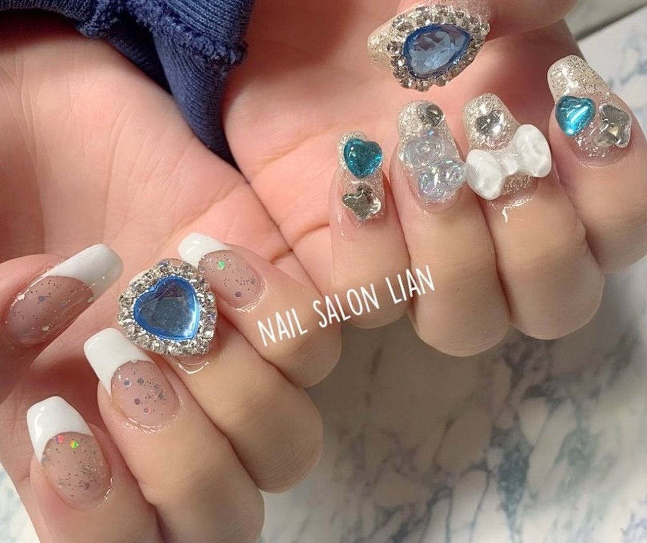 オールシーズン ハンド フレンチ ビジュー ラメ Nailsalon Lianのネイルデザイン No ネイルブック