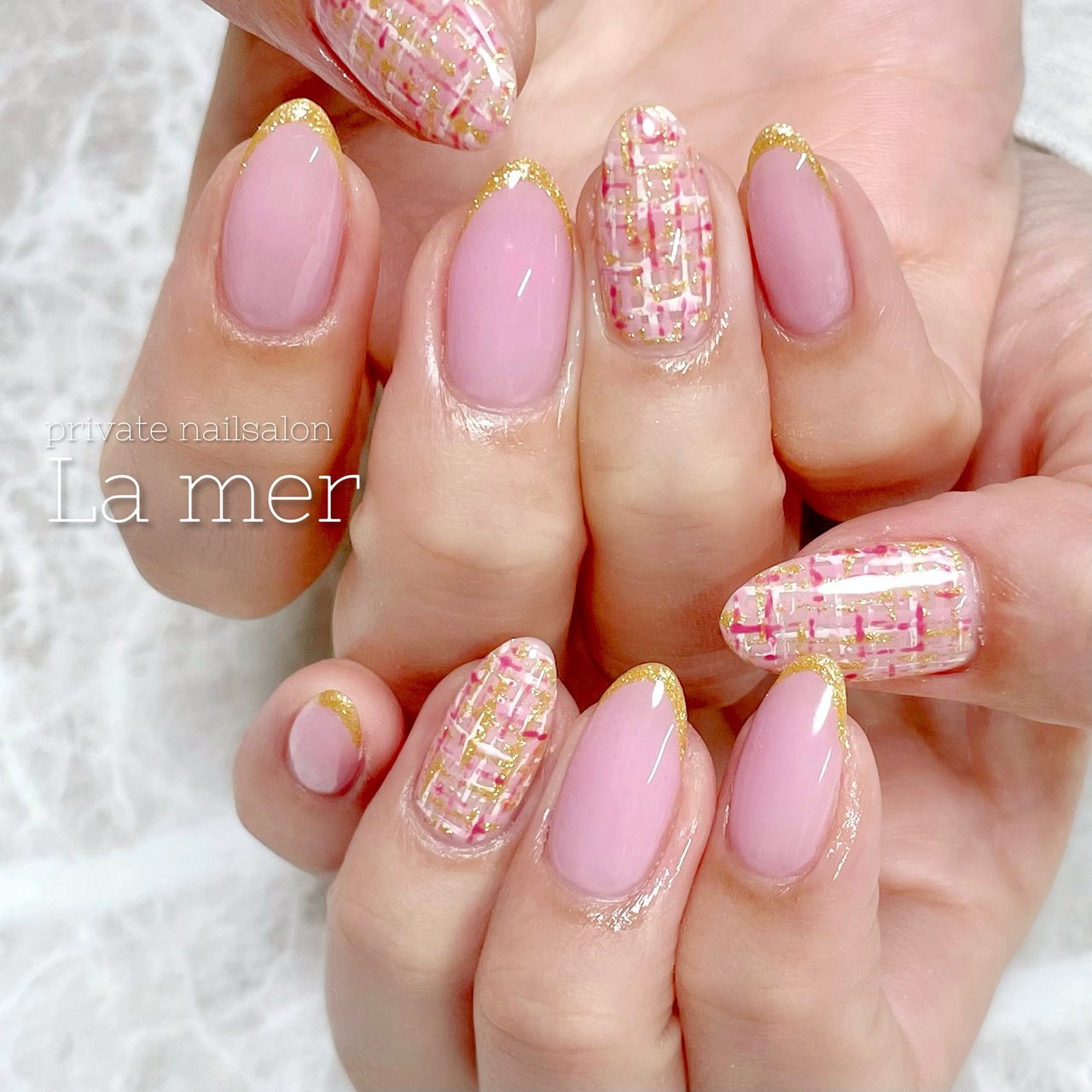 冬 ハンド ツイード ピンク ジェルネイル La Mer Ayumiのネイルデザイン No ネイルブック