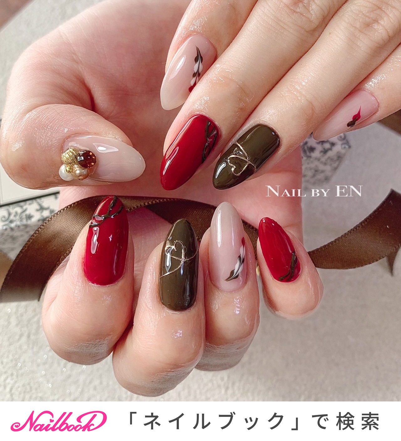 【No.045】バレンタインネイルチップ♡ハート♡赤ネイル♡ブラウン♡チョコ No.045】バレンタインネイルチップ♡ハート♡赤ネイル♡ブラウン