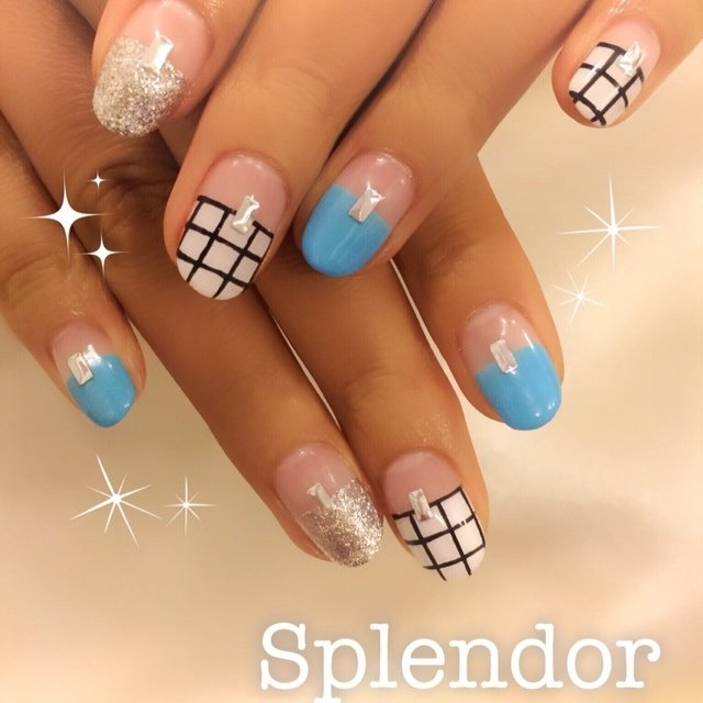 夏 ハンド チェック ブルー ジェル Nailsalon Splendorのネイルデザイン No ネイルブック