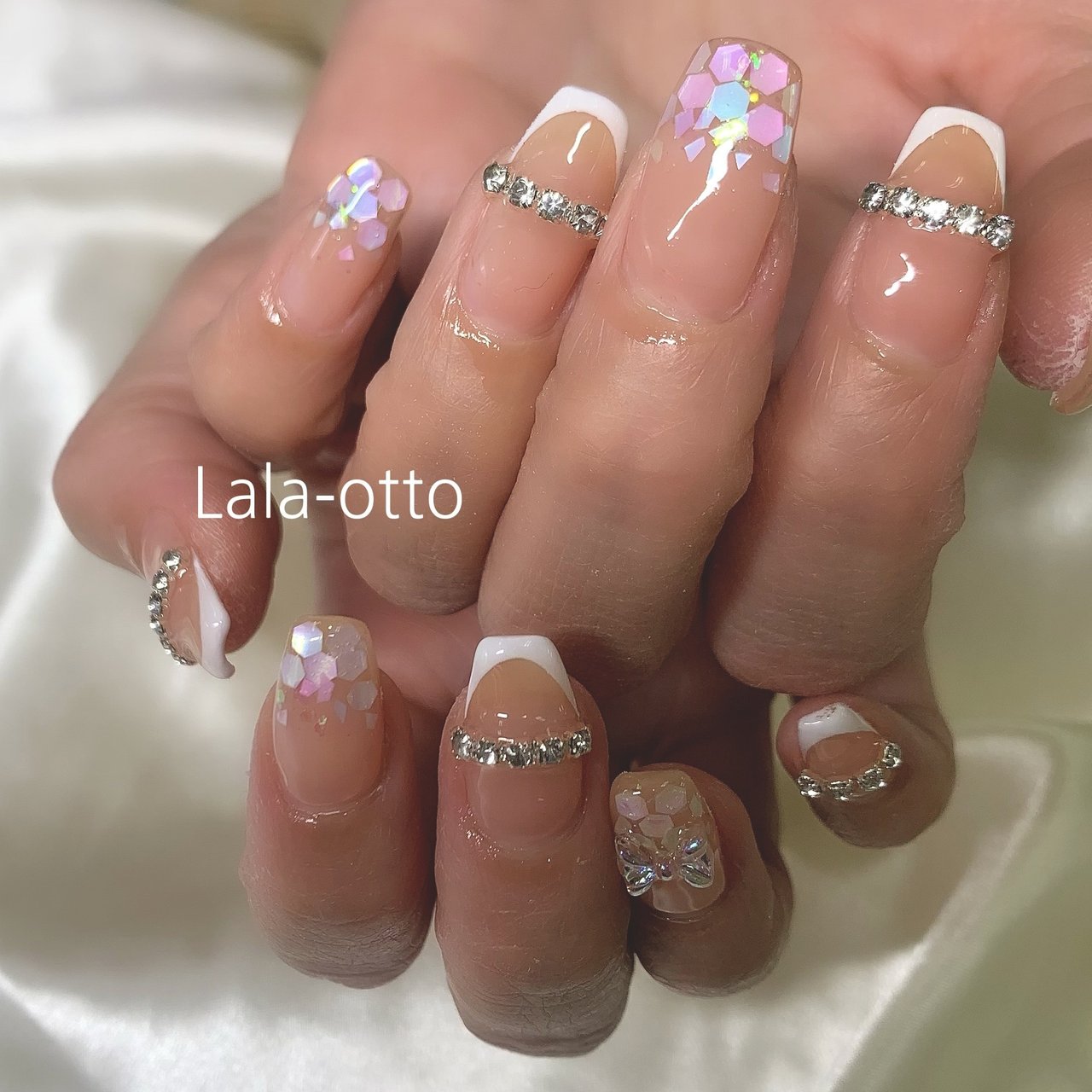 No.56 ネイルチップ リボン ラメ ビジューチェーンフレンチ グラデ ピンク | cristinedeholanda.com.br - ネイル チップ、付け爪