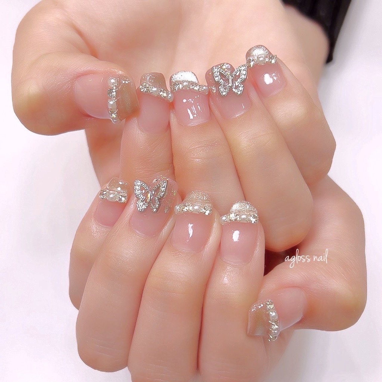 【着画あり】ハンドメイド　蝶々ネイル　チェック柄ネイル　シンプルネイル　可愛い 春/夏/秋/冬/ハンド - agloss nailのネイルデザイン[No.7013921