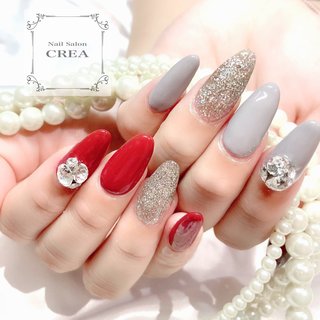 シンプル レッド グレーのネイルデザイン ネイルブック