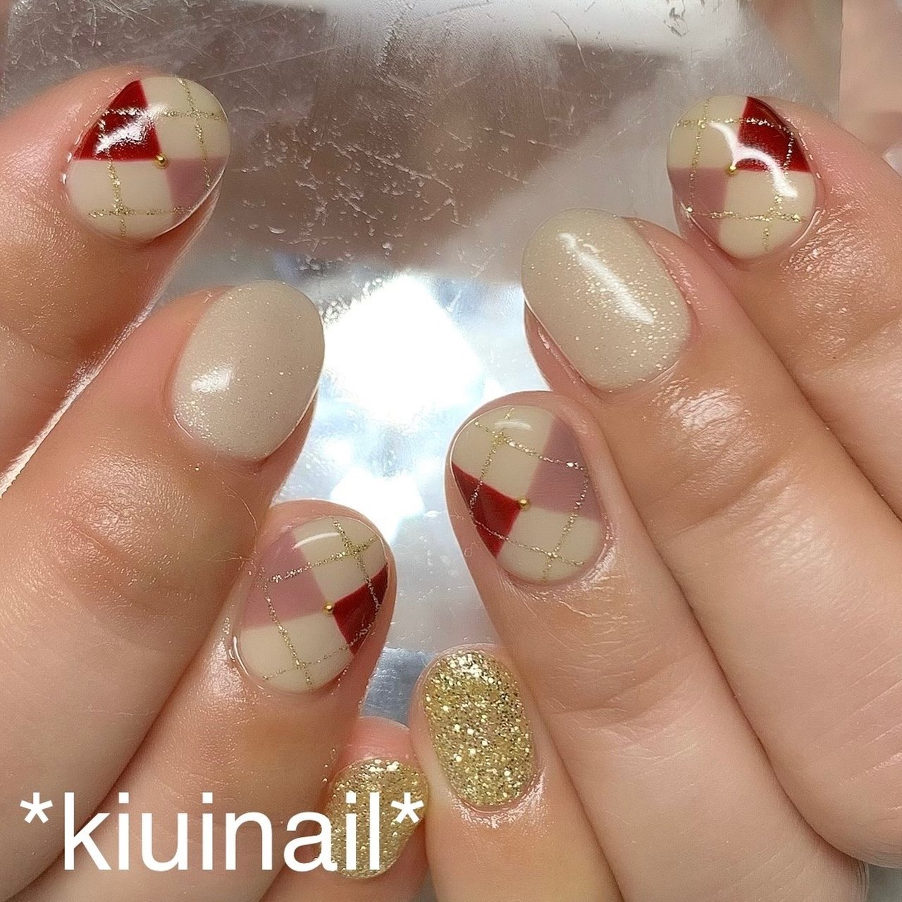 冬 ハンド アーガイル ショート ベージュ Kiuinailのネイルデザイン No ネイルブック
