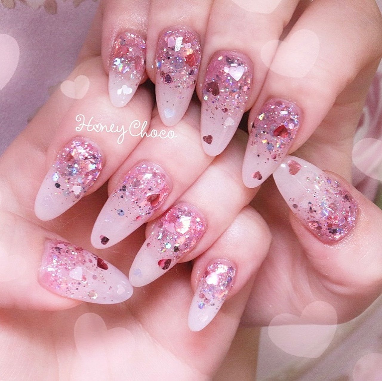 No.012】ネイルチップ♡ゆめかわ♡ハートネイル♡羽♡リボン