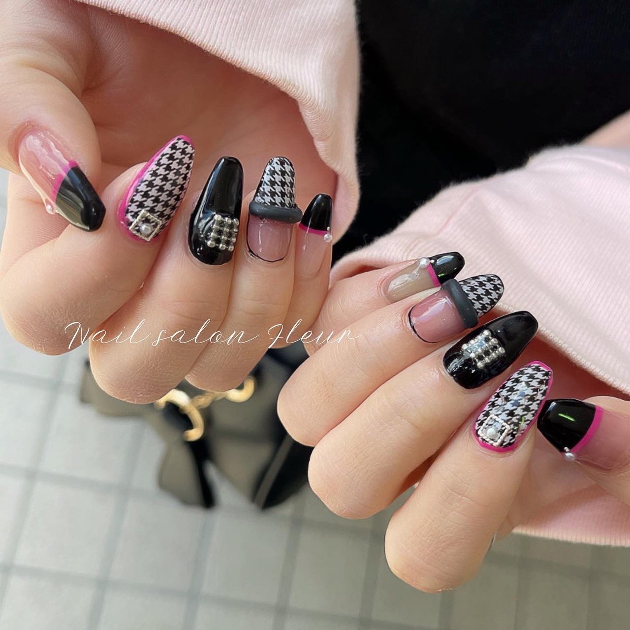 ハンド 千鳥柄 ミディアム ホワイト ピンク Nail Fleur Maki Futsukiのネイルデザイン No ネイルブック