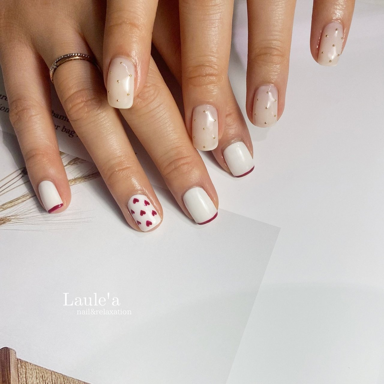 ハンド/フレンチ/ハート/ドット/ショート - laulea.01のネイルデザイン  