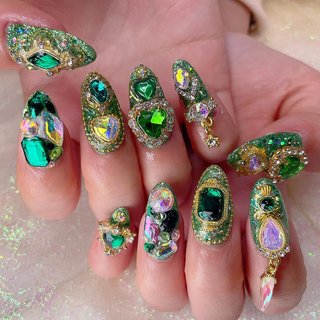 ネイルチップ 量産型 緑 ガーリー ツイード コンサート オーダーネイル