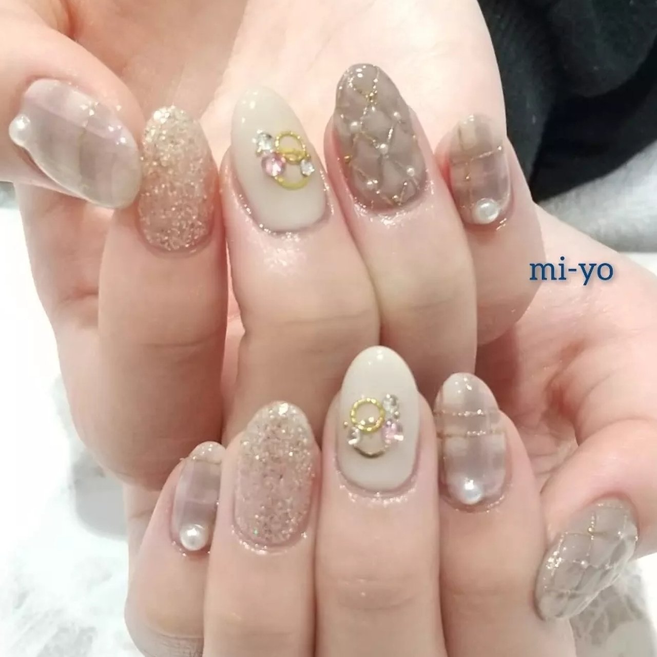 リングネイル　チェック　ネイルチップ　お名前ネイル　キルティング 冬/デート/ハンド/チェック/キルティング - mi-yoのネイルデザイン[No
