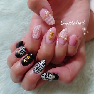 フラワー 千鳥柄 ピンクのネイルデザイン ネイルブック